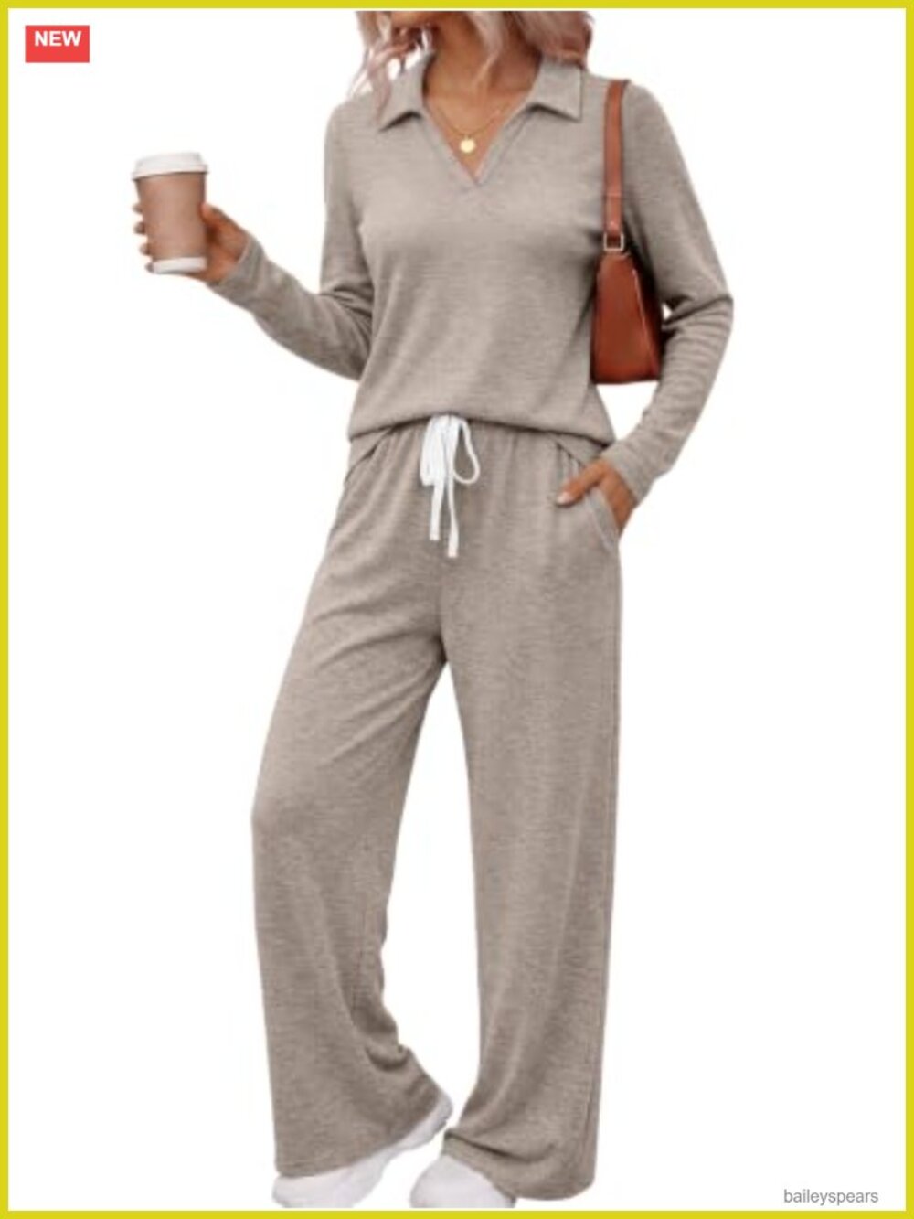 Soft 2-Piece Lounge Set Long Sleeve Polo Top & Wide-Leg Pants Casual